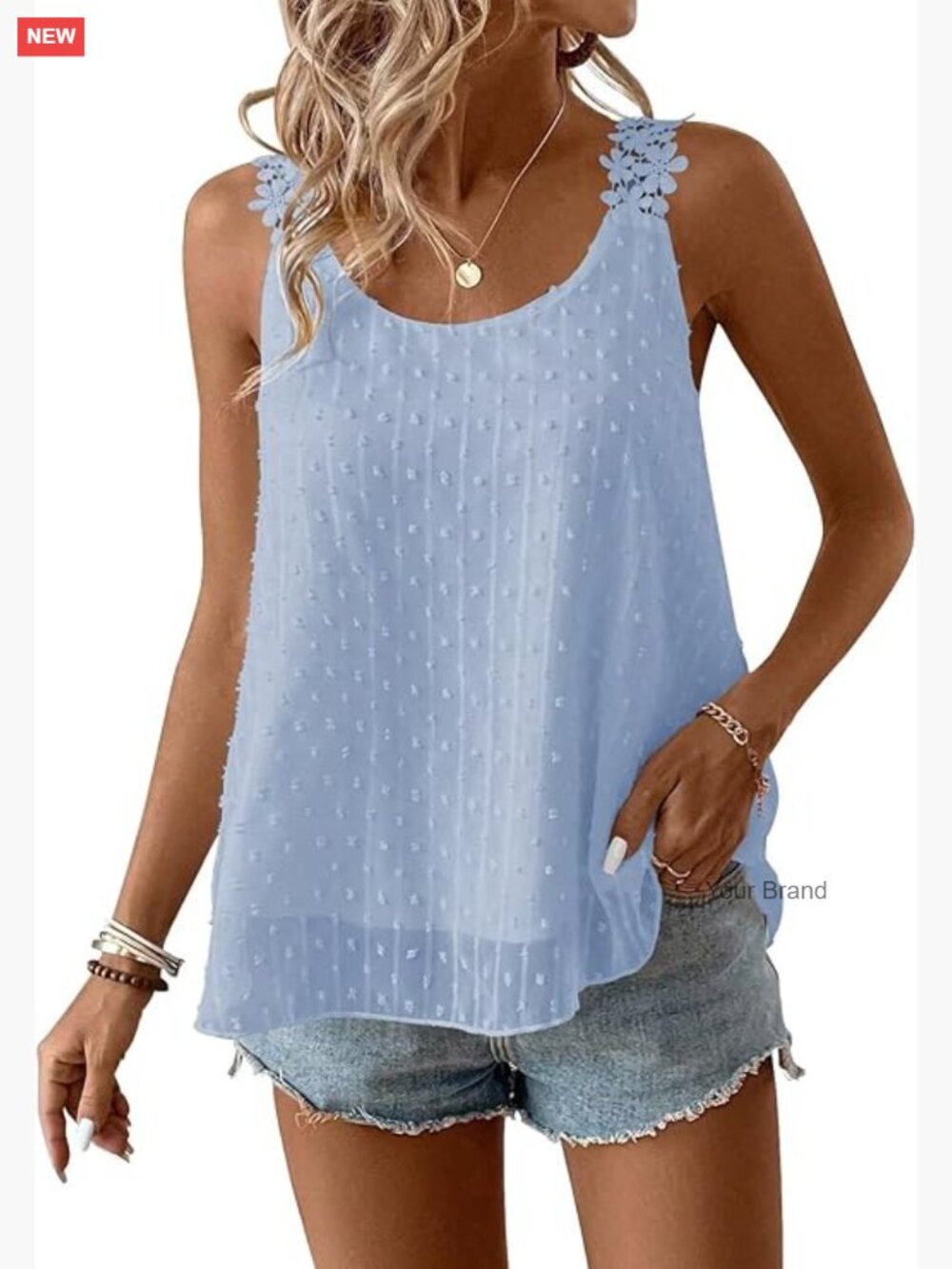 Womens Flowy Sleeveless Tank Top Crewneck Lace Camisole Summer Boho